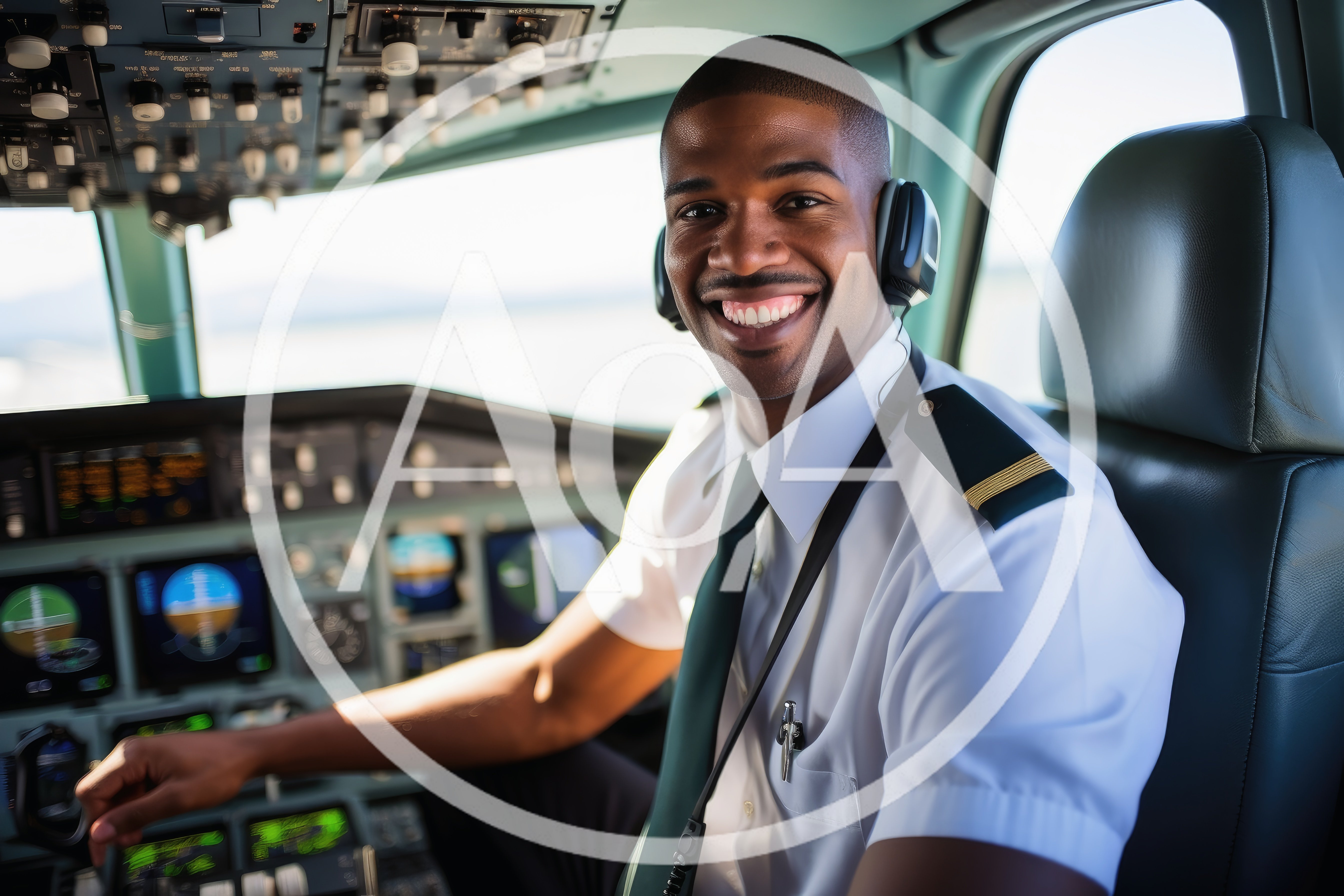 Smiling Pilot Sitting In Airplane Cockpit
