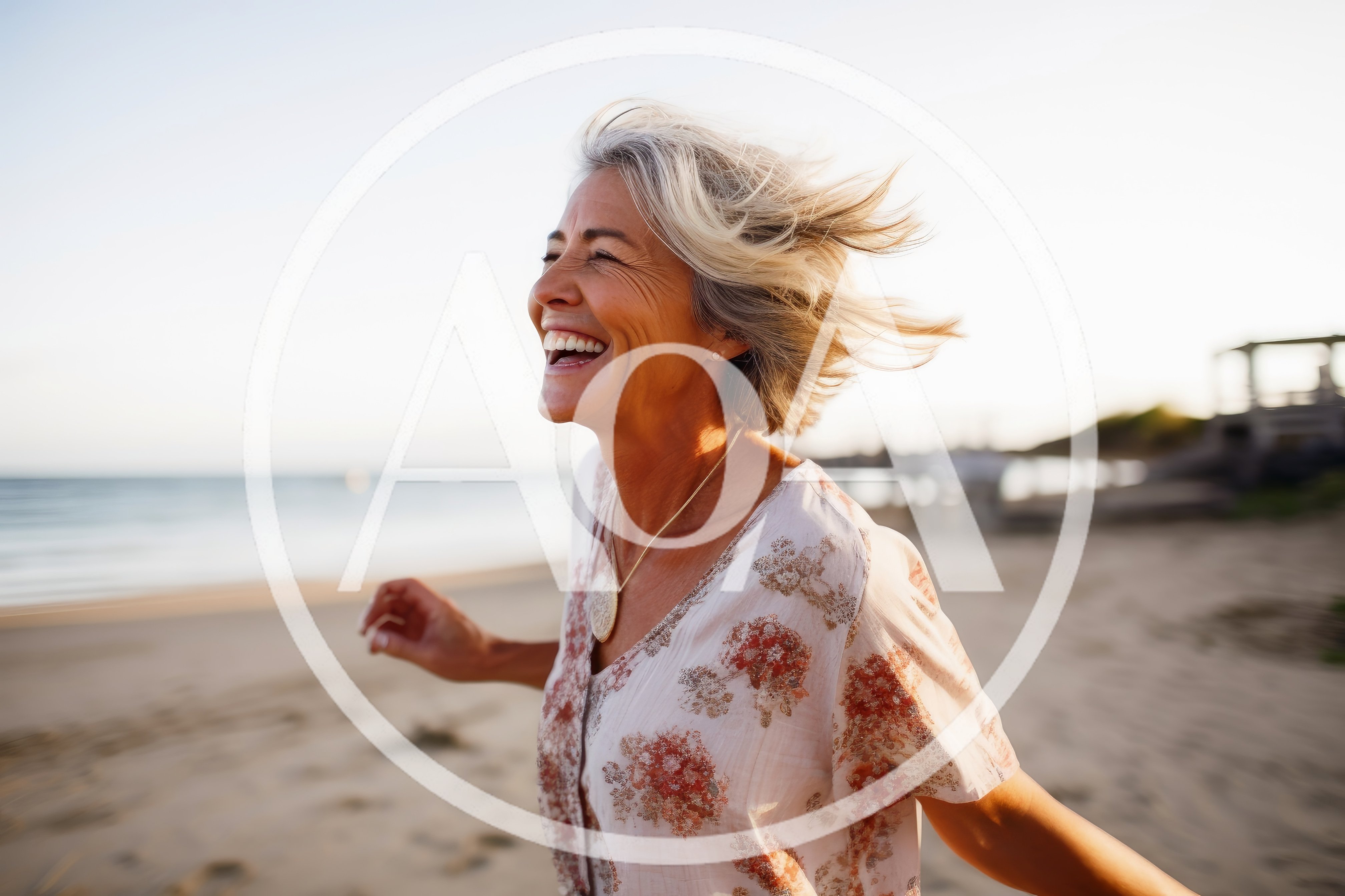 Happy Mature Woman Laughing On A Sunny Beach