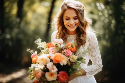 Smiling Bride Holding A Vibrant Floral Wedding Bouquet