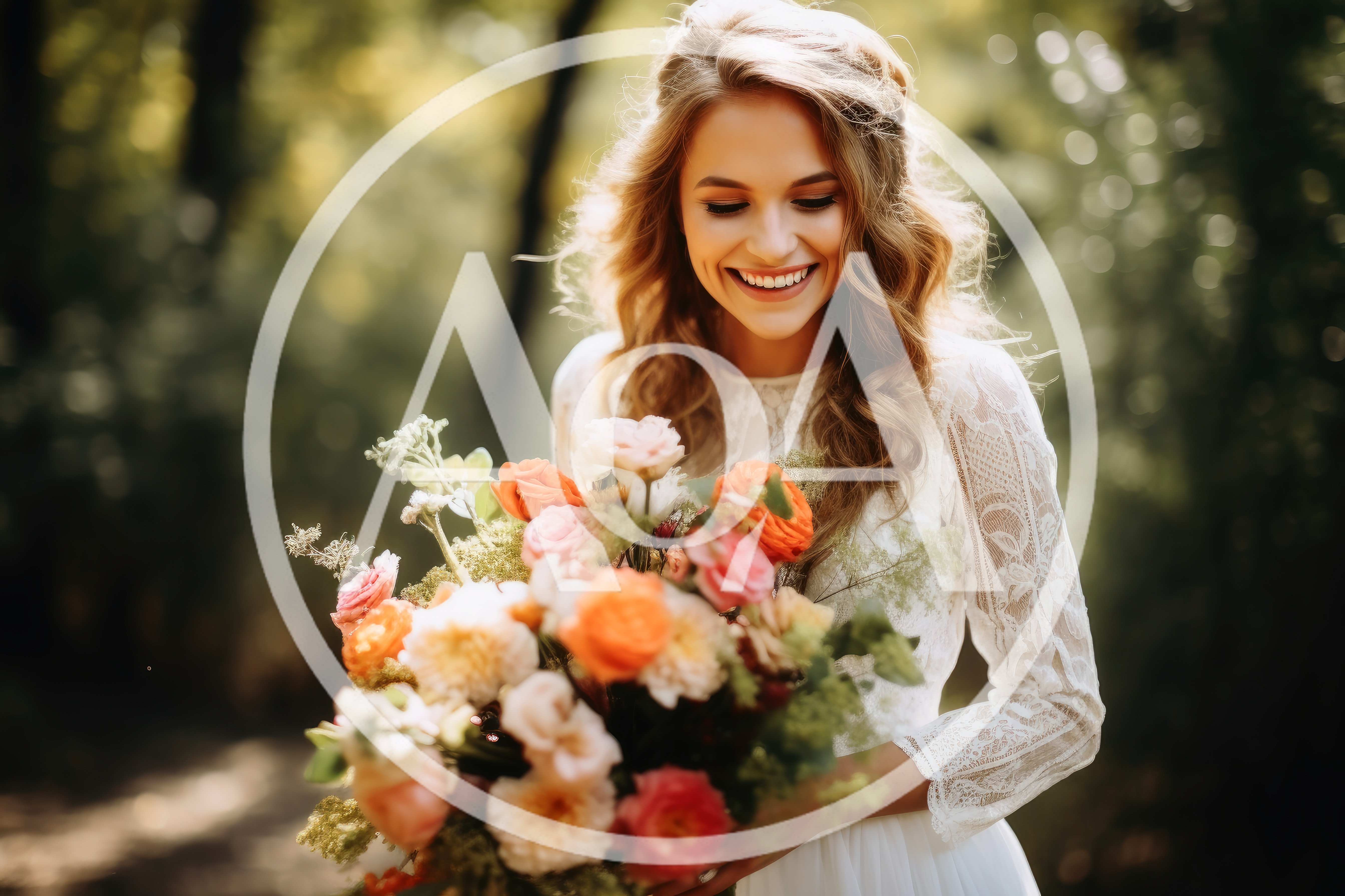 Smiling Bride Holding A Vibrant Floral Wedding Bouquet