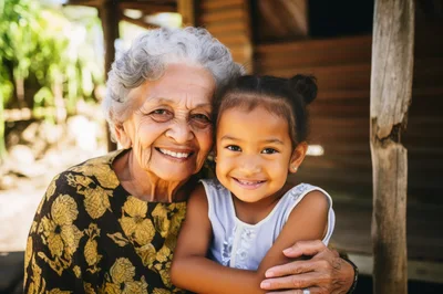 Elderly Grandmother Embracing Her Young Granddaughter Outdoors