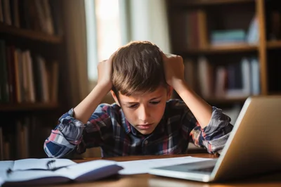 Stressed Young Boy Studying At A Library Desk
