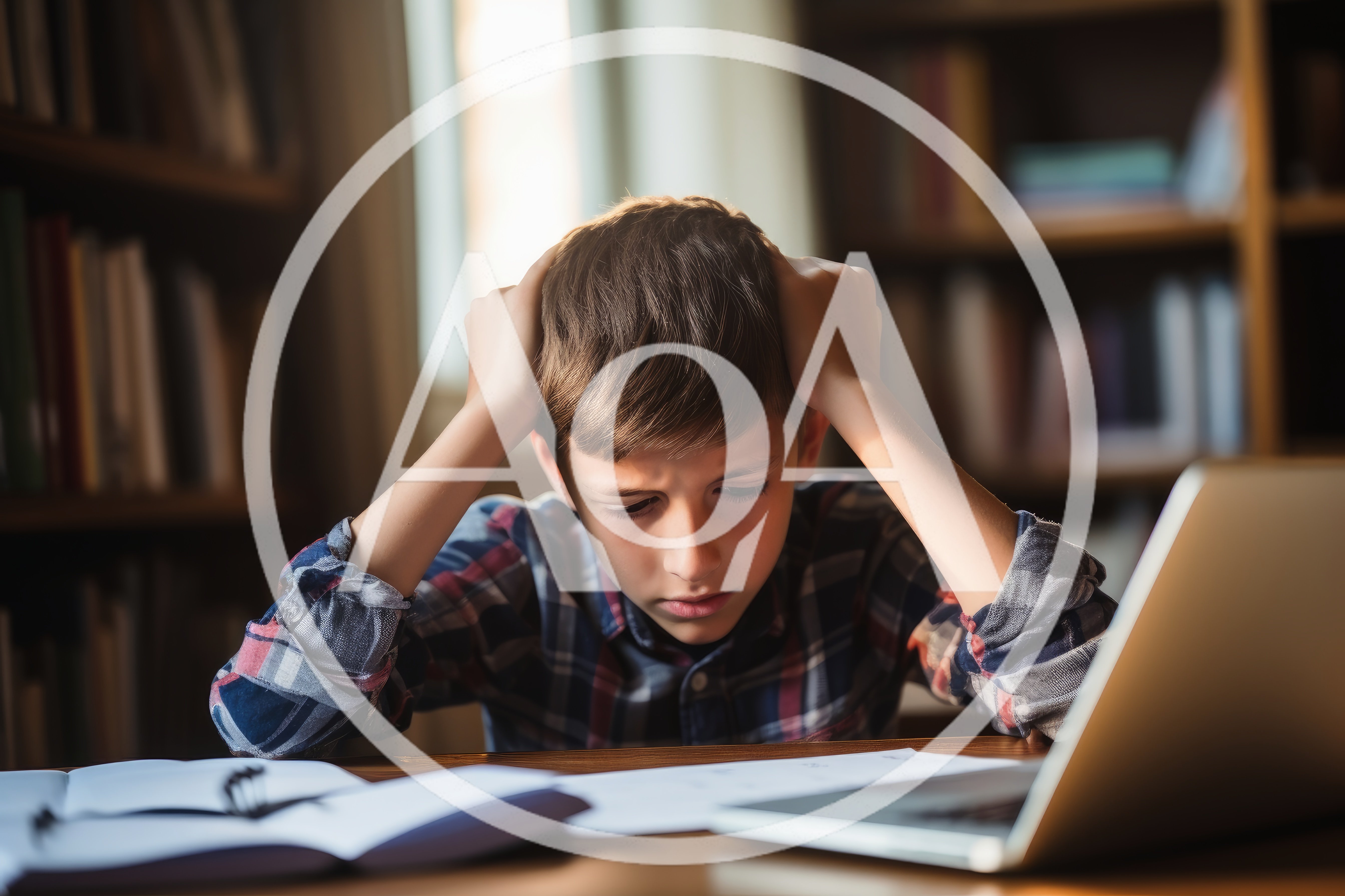Stressed Young Boy Studying At A Library Desk