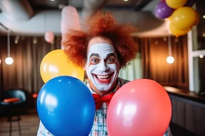 Happy Clown With Colorful Balloons At A Party