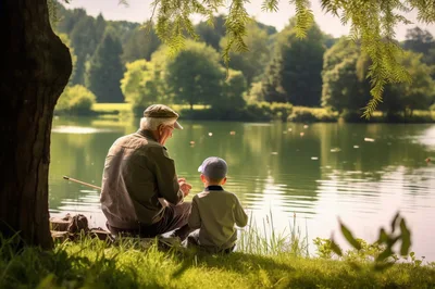 Grandfather and Grandson Fishing Together by a Lake