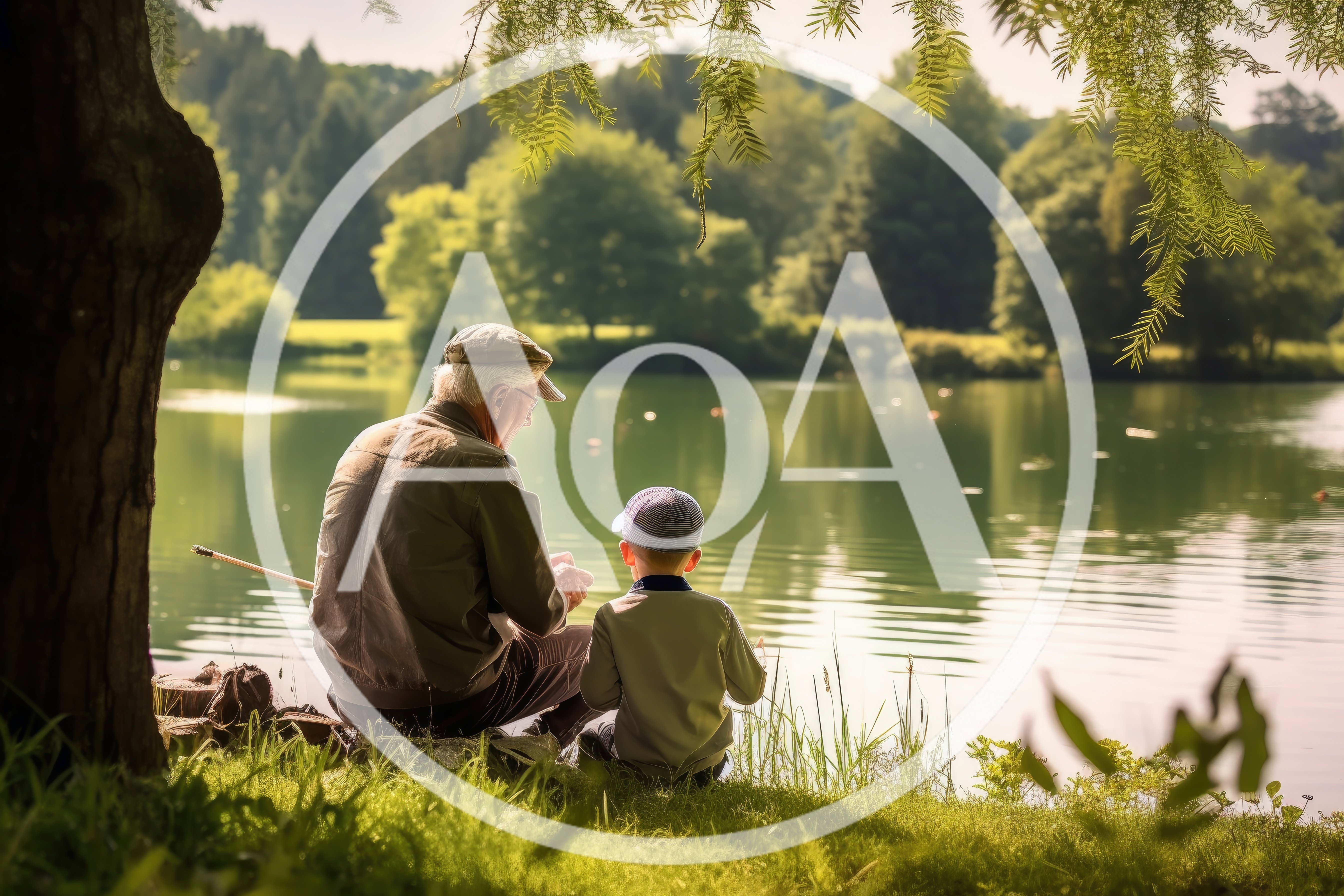 Grandfather and Grandson Fishing Together by a Lake