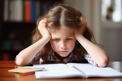 Stressed Young Girl Studying At Home Desk