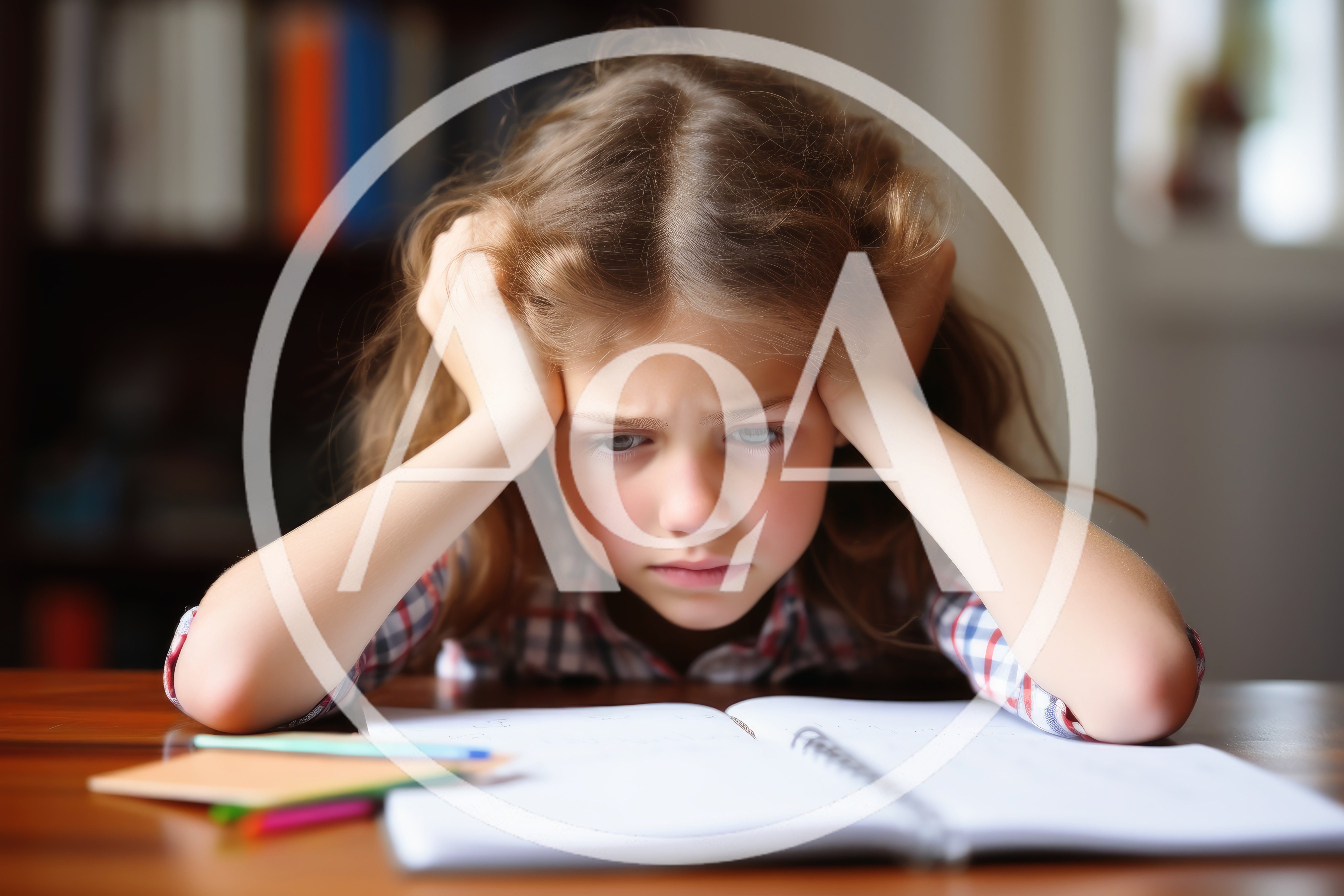 Stressed Young Girl Studying At Home Desk
