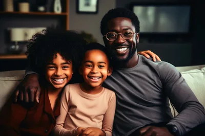 Happy African American Father And Children Sitting On Sofa