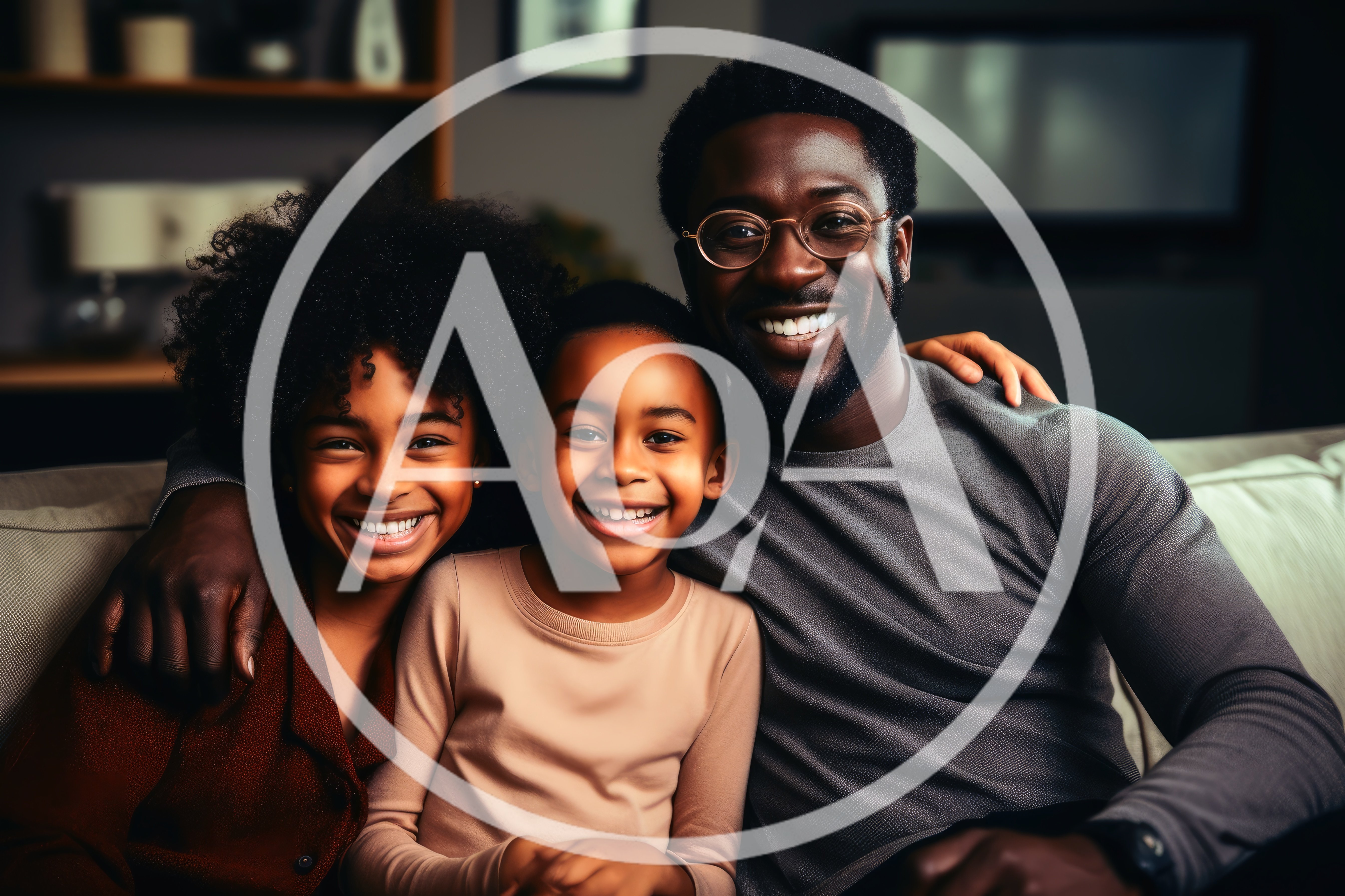 Happy African American Father And Children Sitting On Sofa