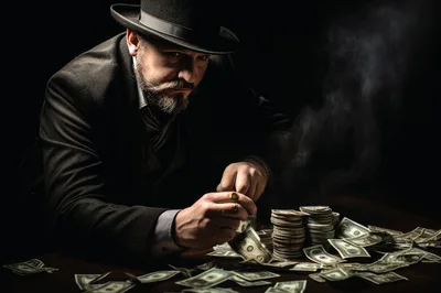 Man In Fedora Counting Stacks Of Cash