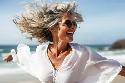 Happy Mature Woman With Flowing Hair On Beach