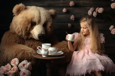 Little Girl Having Tea With A Large Teddy Bear