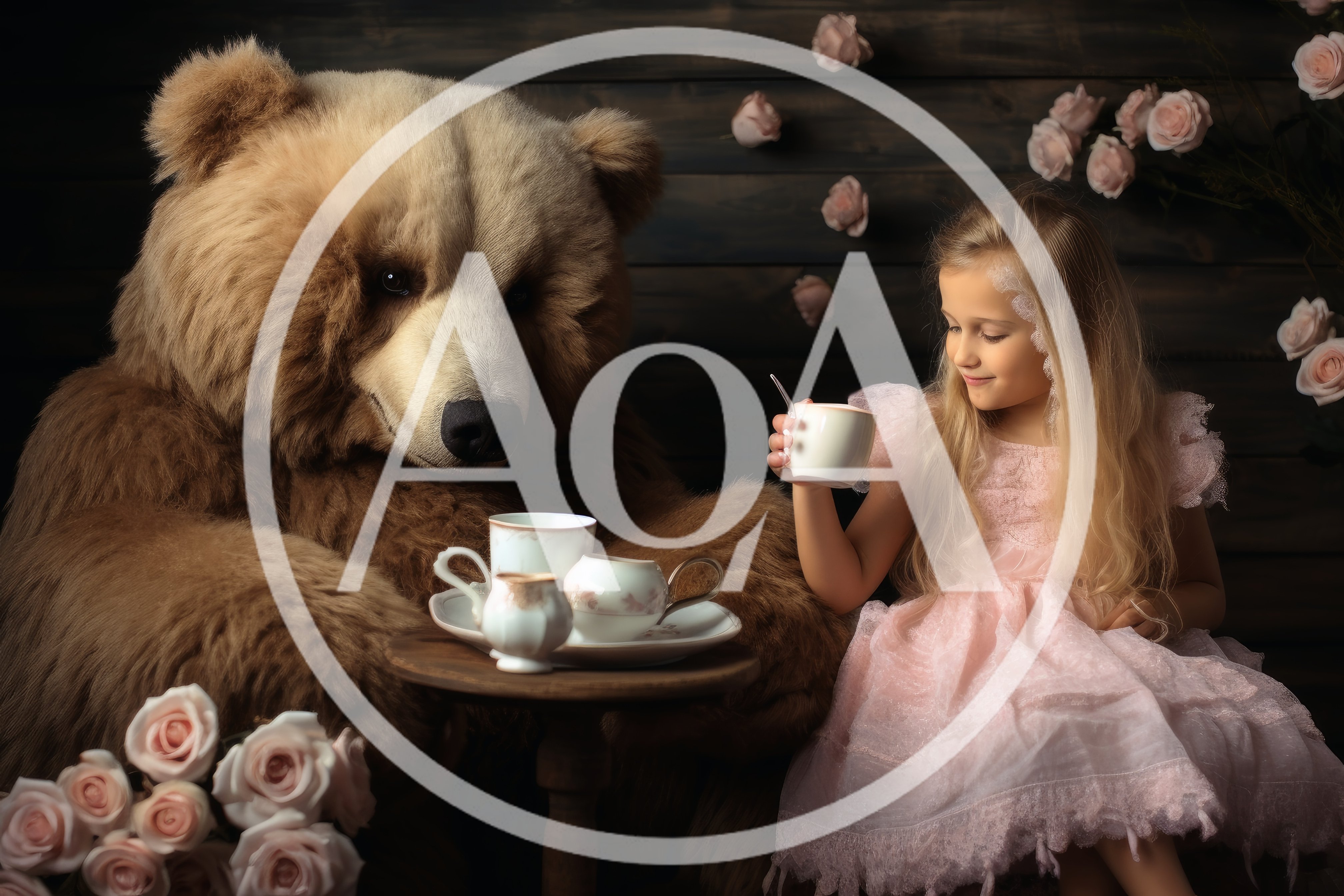 Little Girl Having Tea With A Large Teddy Bear