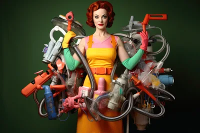 Woman Dressed As Retro Housewife Surrounded By Vacuum Cleaners