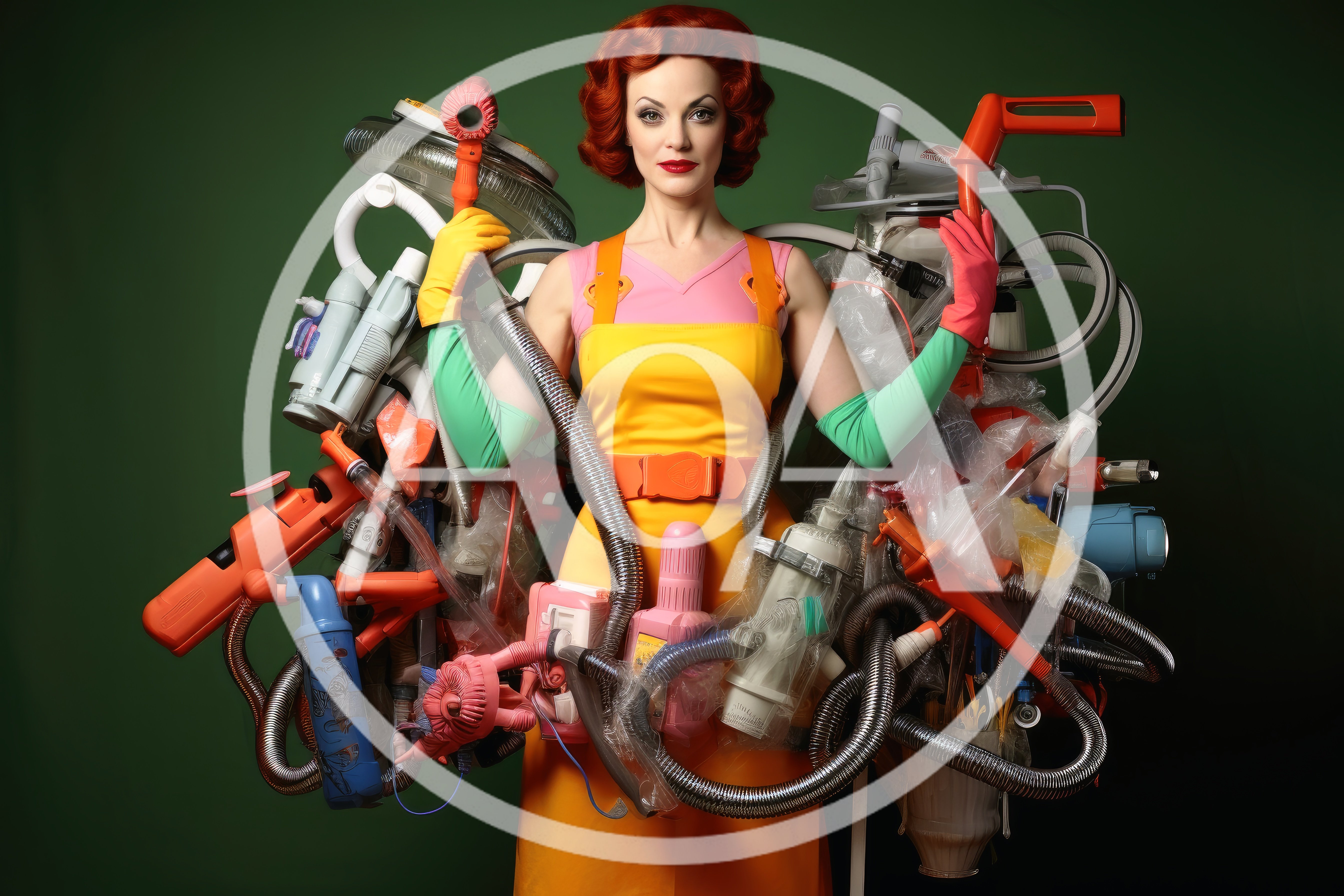 Woman Dressed As Retro Housewife Surrounded By Vacuum Cleaners