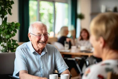 Happy Elderly Man Laughing During Conversation