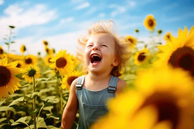 Happy Toddler Laughing In A Sunny Sunflower Field