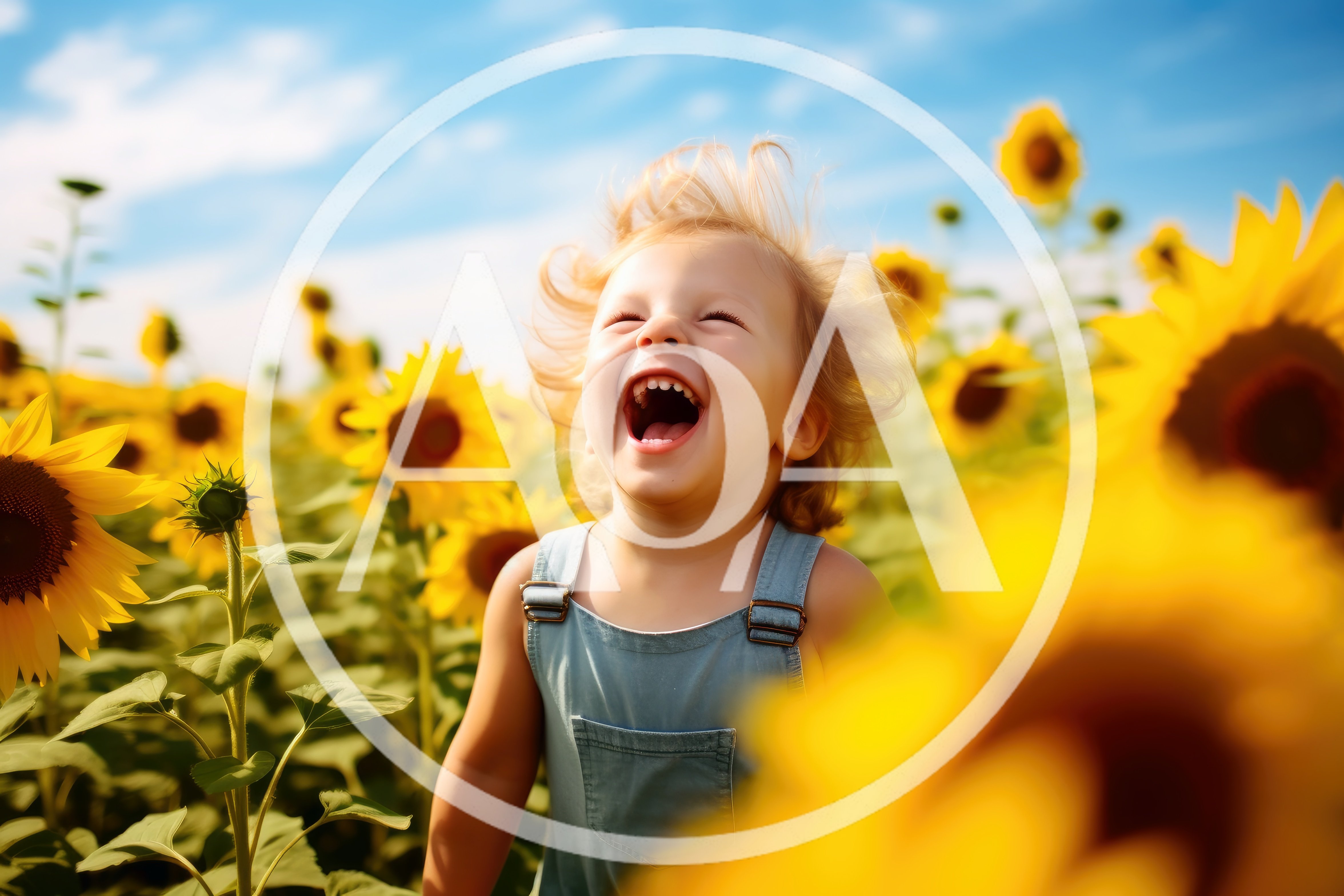 Happy Toddler Laughing In A Sunny Sunflower Field
