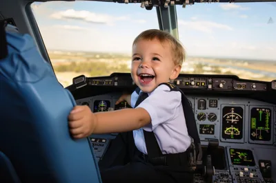 Toddler Dressed As Pilot Sitting In Airplane Cockpit