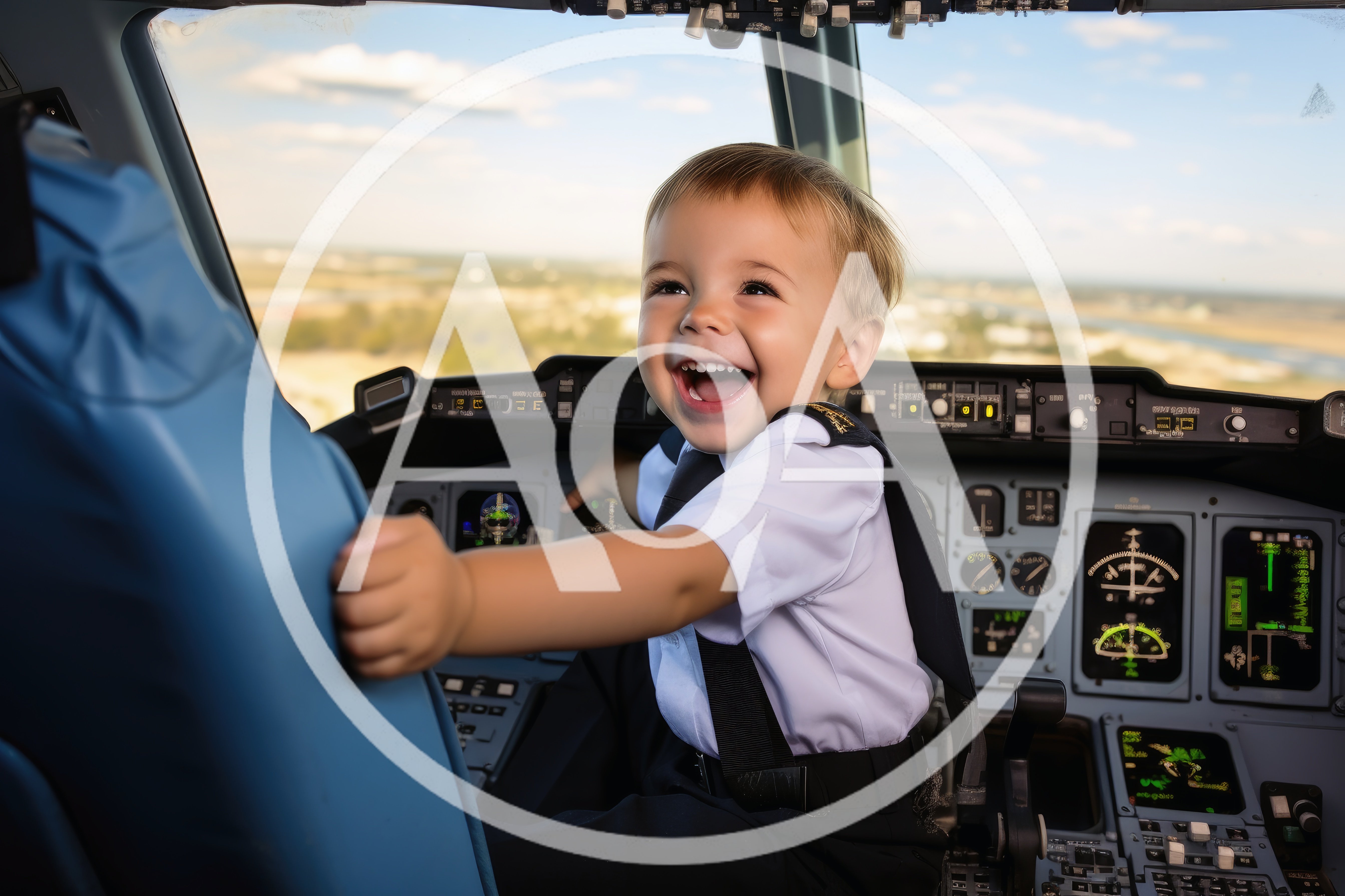 Toddler Dressed As Pilot Sitting In Airplane Cockpit