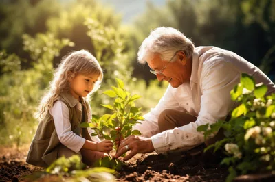 Grandfather and Granddaughter Planting a Young Tree Together