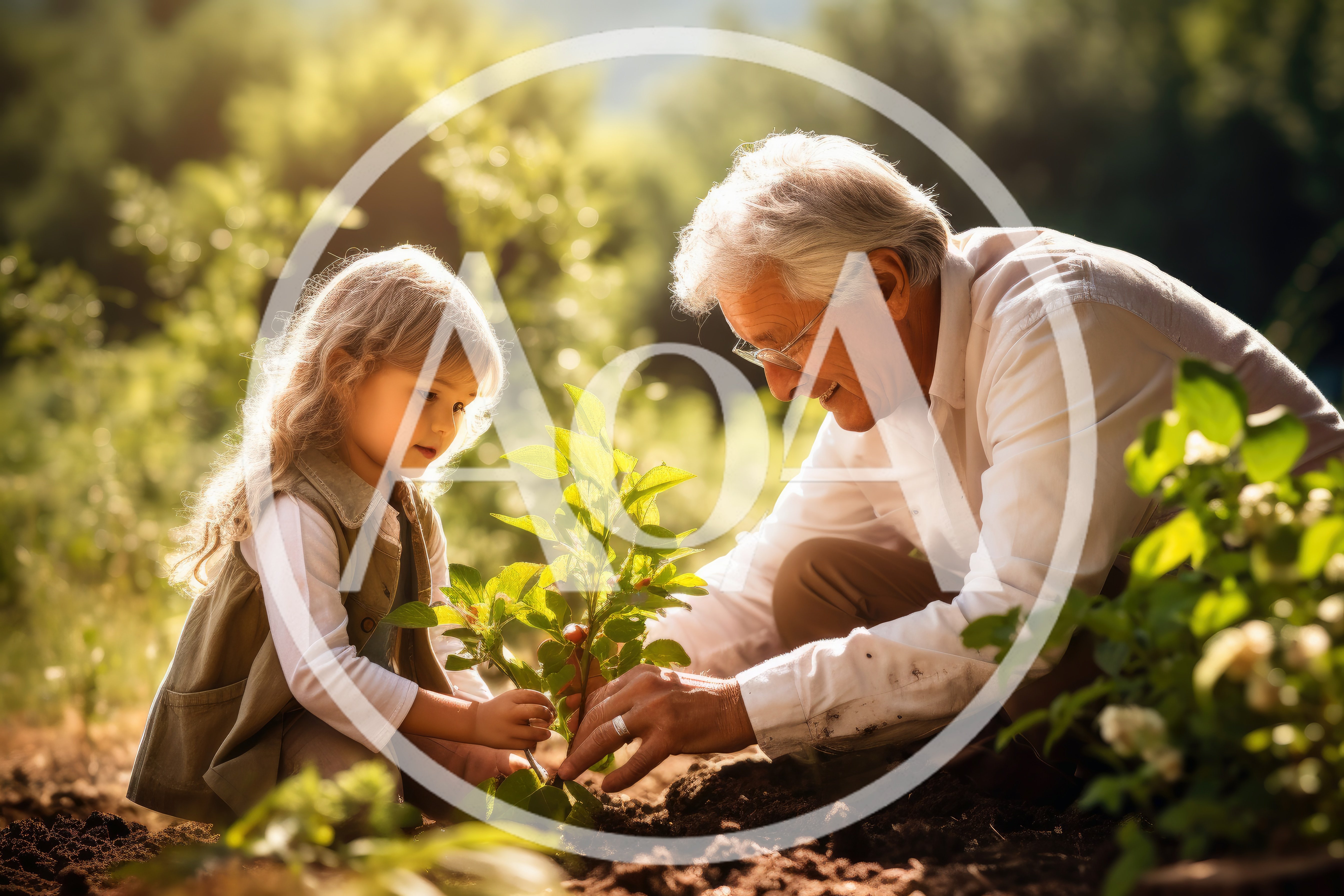 Grandfather and Granddaughter Planting a Young Tree Together