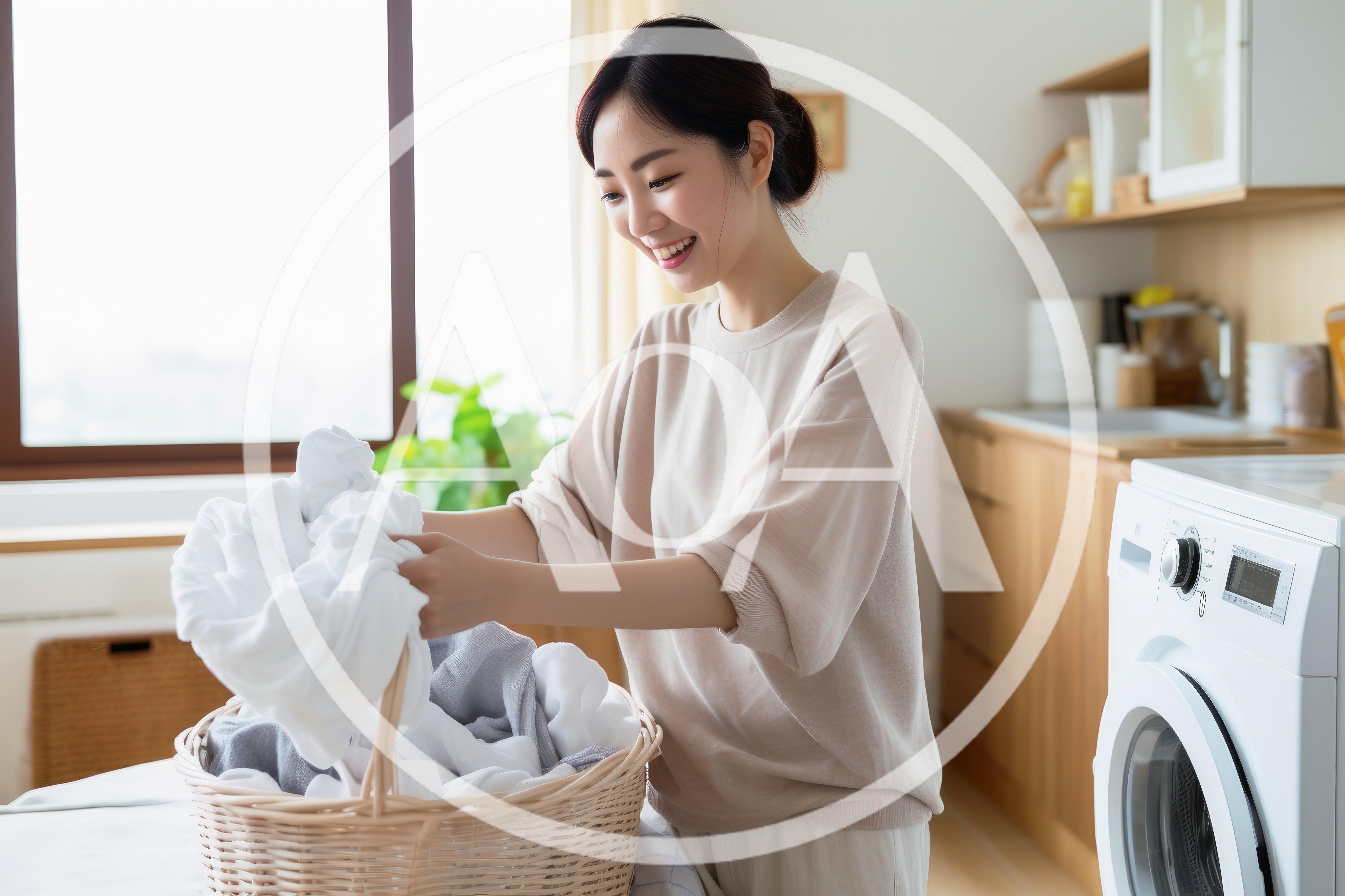 Young Asian Woman Sorting Laundry In A Bright Kitchen