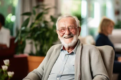 Happy Elderly Man Smiling In A Bright Living Room
