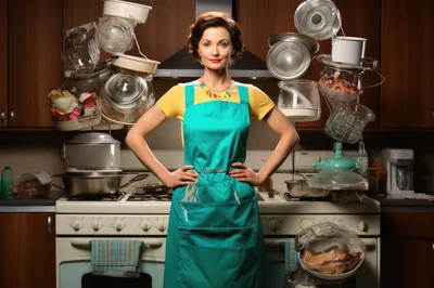 Housewife Standing In Kitchen Surrounded By Floating Kitchenware
