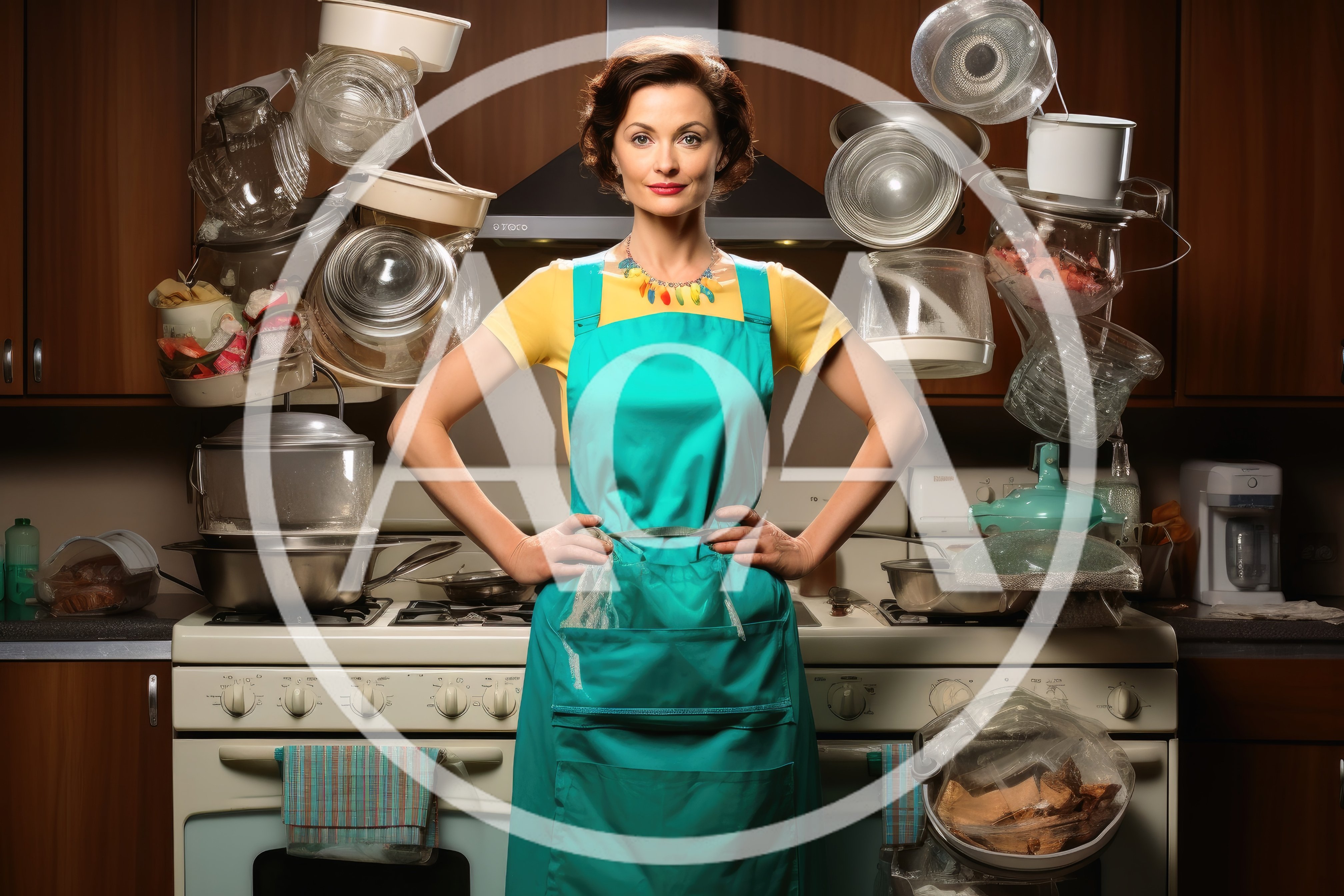 Housewife Standing In Kitchen Surrounded By Floating Kitchenware