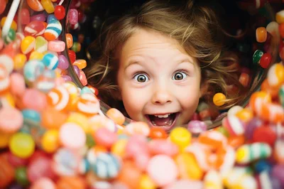 Excited Young Child Surrounded By Colorful Candy