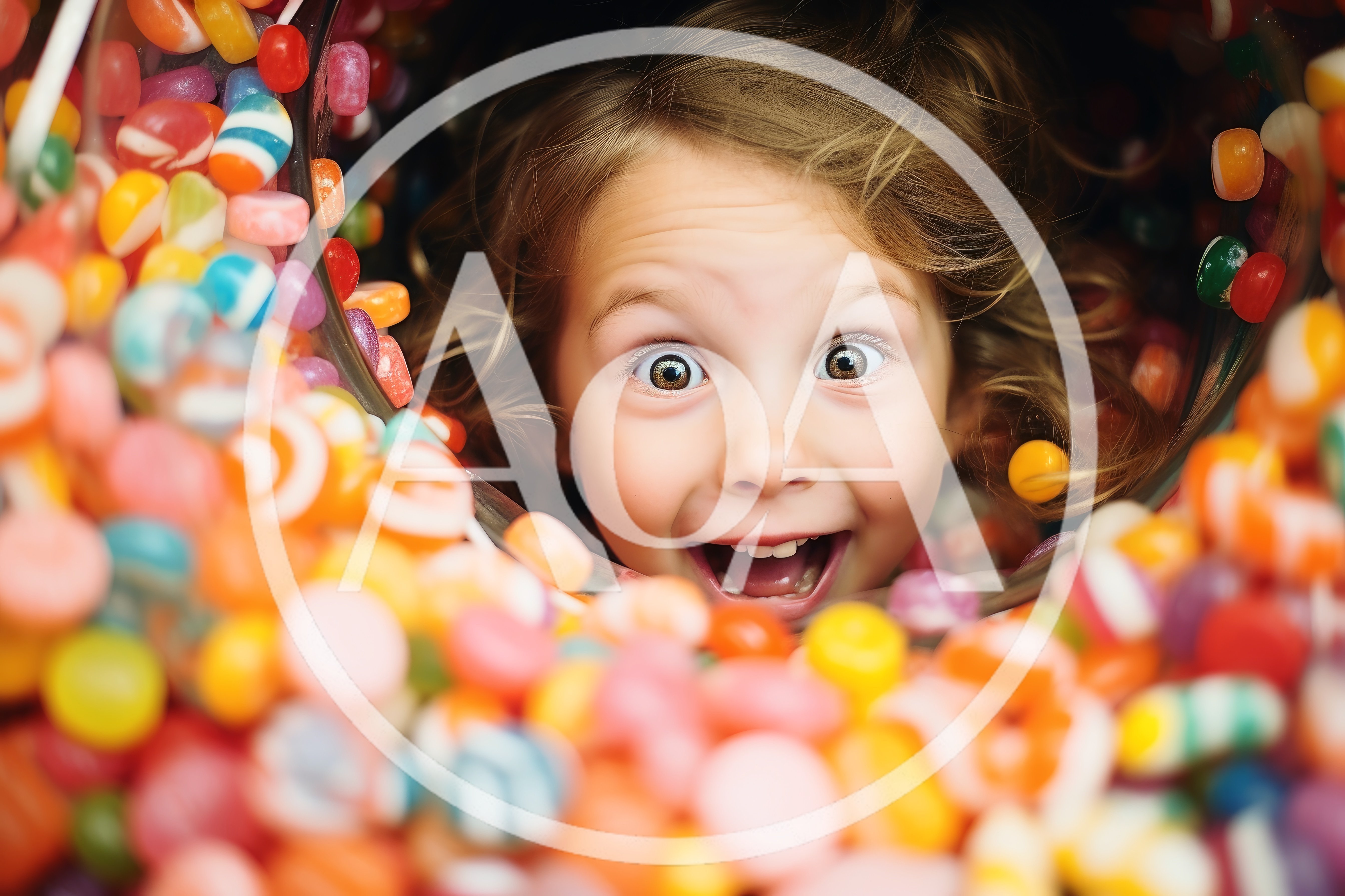 Excited Young Child Surrounded By Colorful Candy