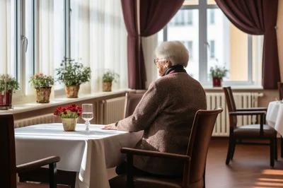 Elderly Woman Sitting Alone At A Restaurant Table