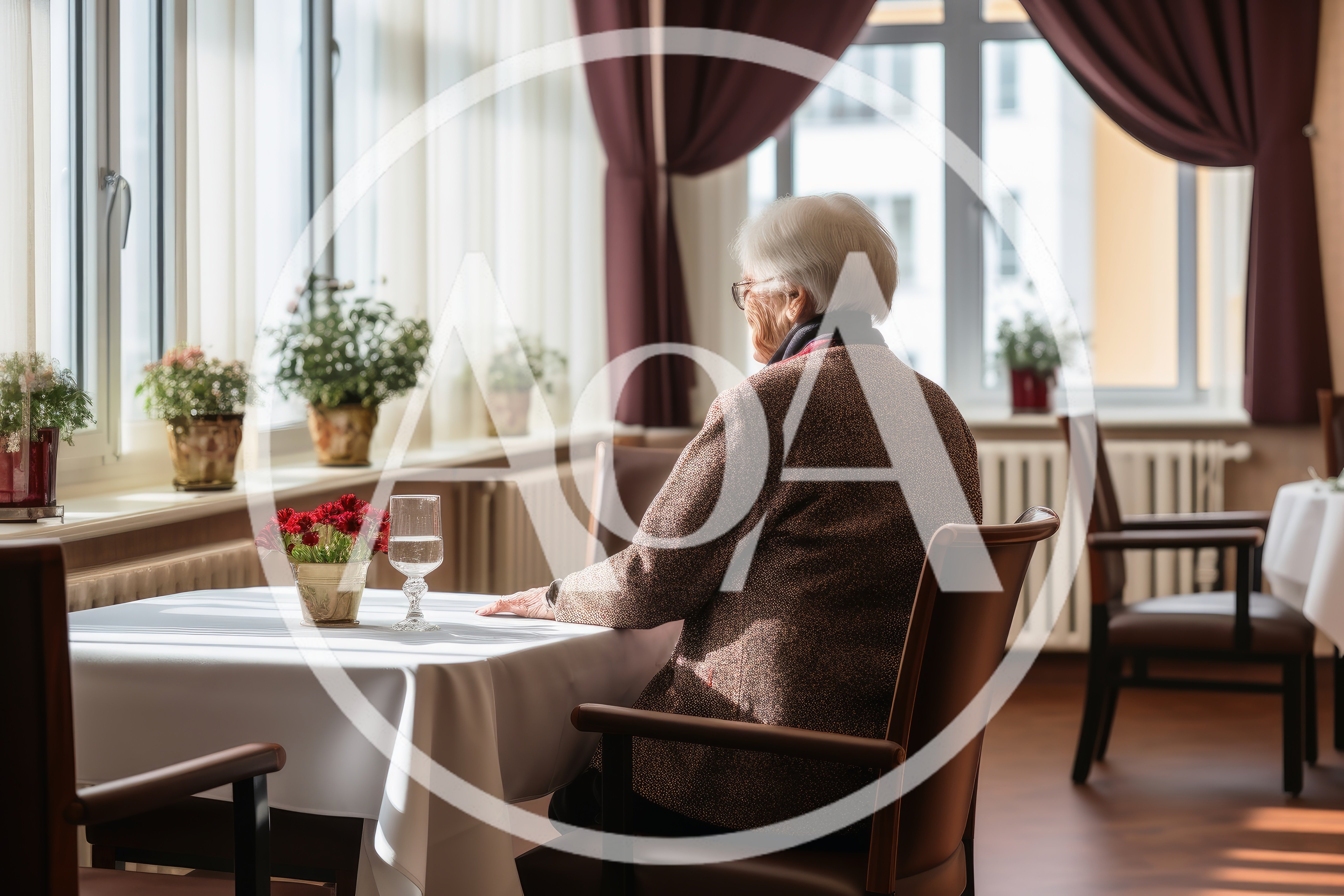 Elderly Woman Sitting Alone At A Restaurant Table