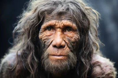 Portrait Of A Neanderthal Man With Long Hair