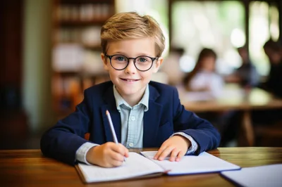 Young Boy Wearing Glasses Writing In A Notebook