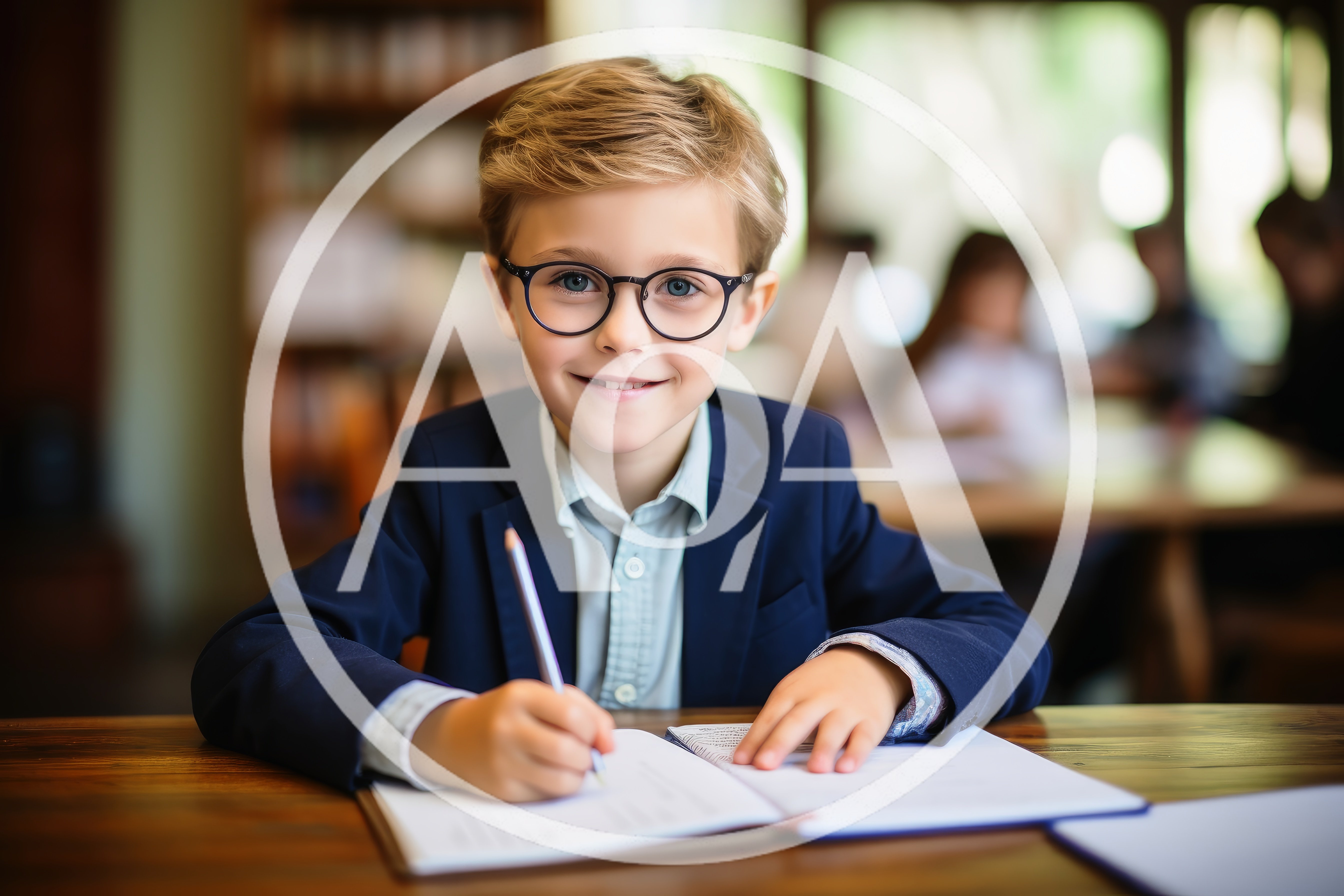 Young Boy Wearing Glasses Writing In A Notebook
