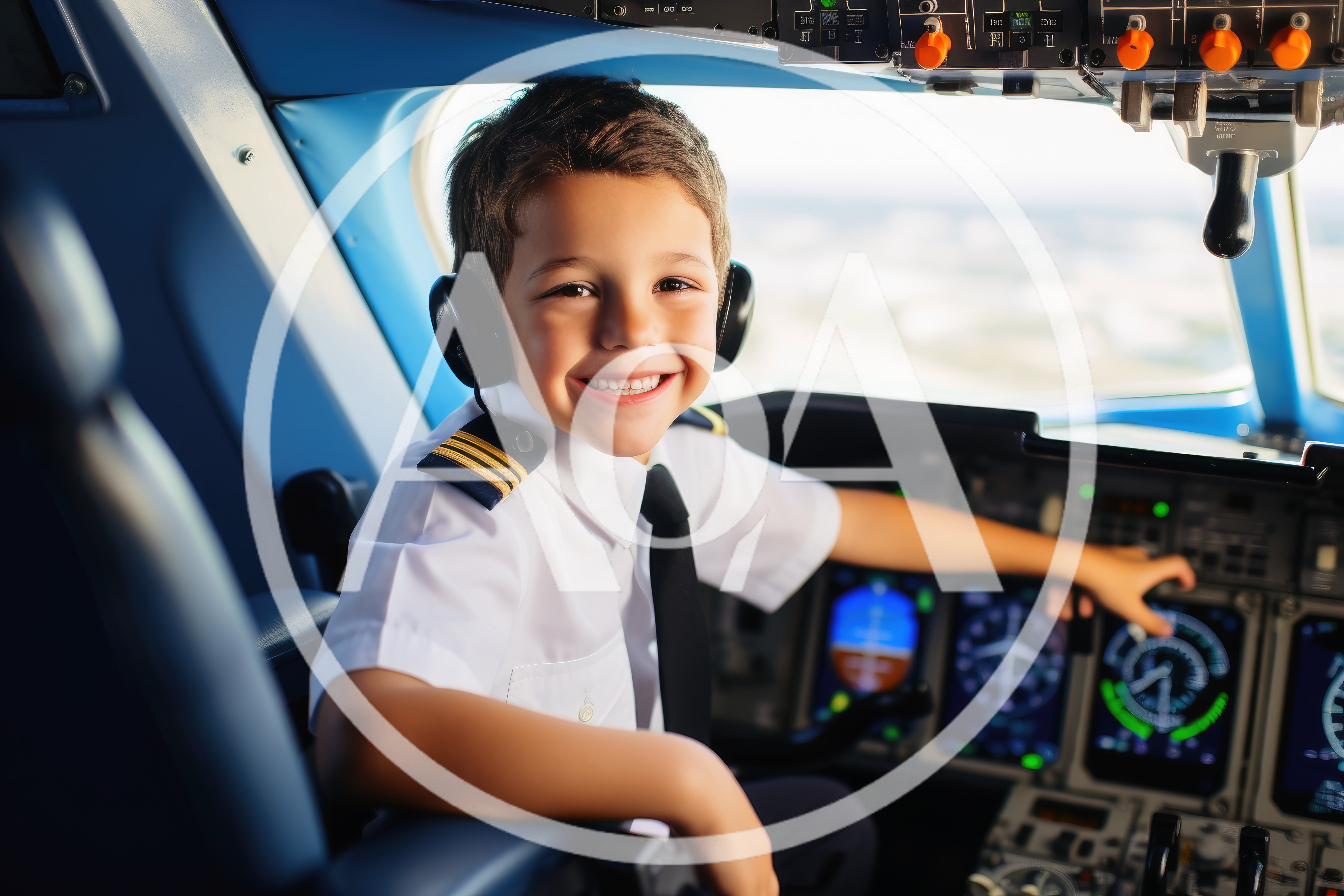 Young Boy Dressed As Pilot In Airplane Cockpit