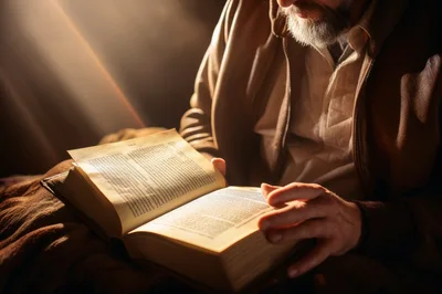 Mature Man Reading An Old Book In Dim Light