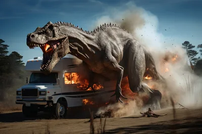 Giant Dinosaur Attacking A Burning Recreational Vehicle