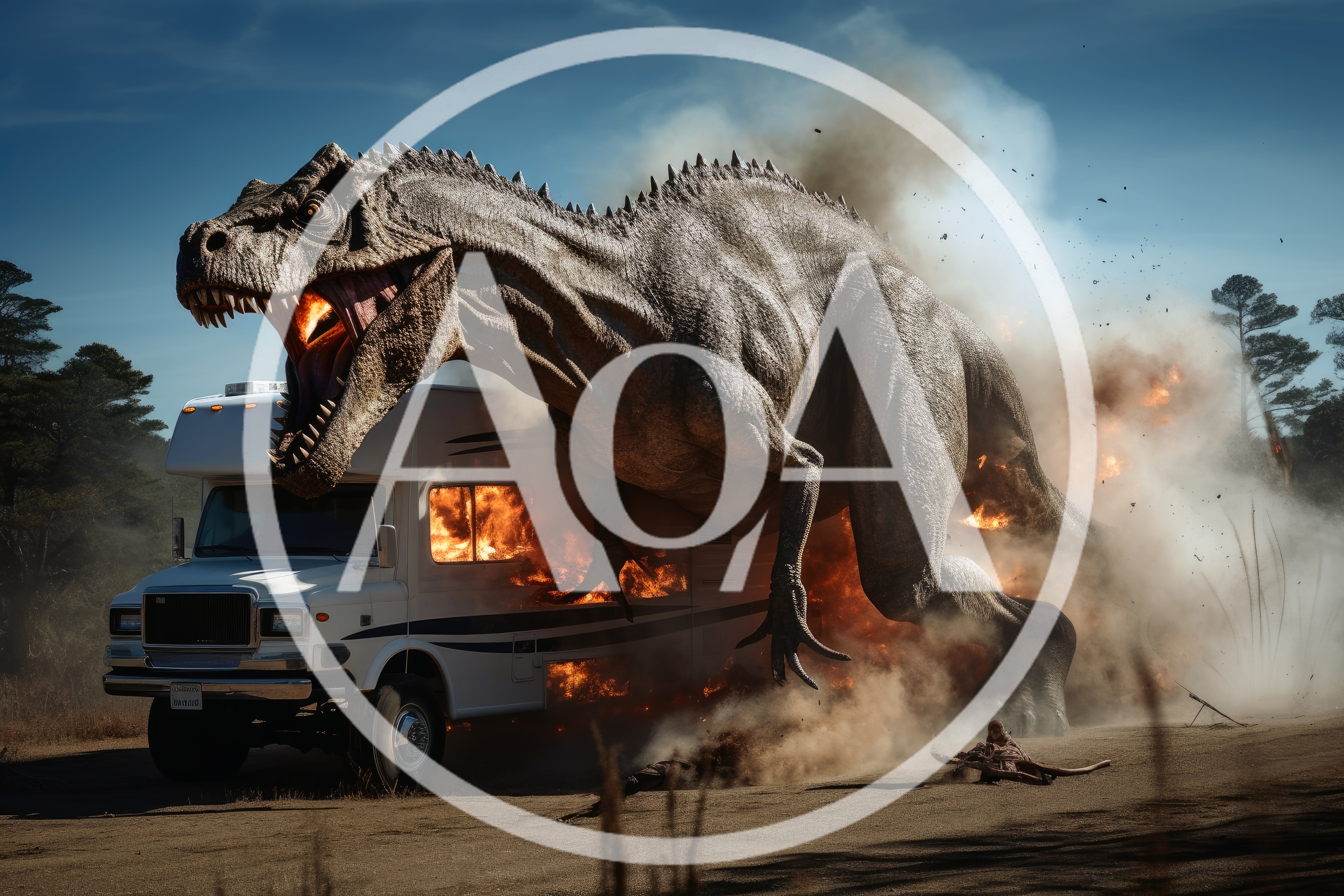 Giant Dinosaur Attacking A Burning Recreational Vehicle