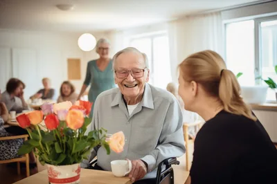 Happy Elderly Man In Wheelchair Conversing With Caregiver