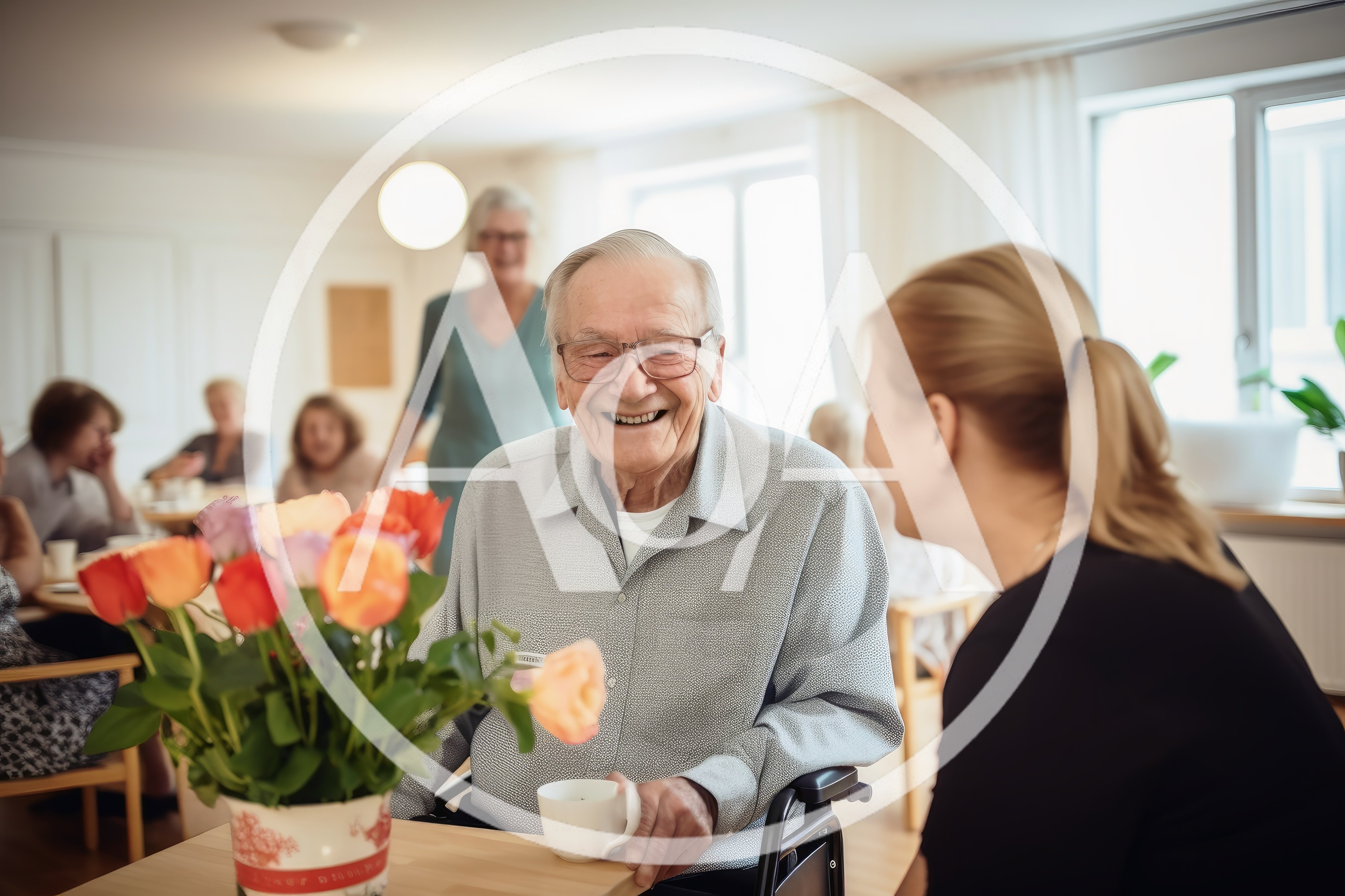 Happy Elderly Man In Wheelchair Conversing With Caregiver