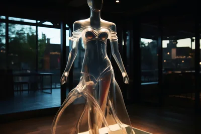 Transparent Glass Mannequin Displaying A Flowing Gown