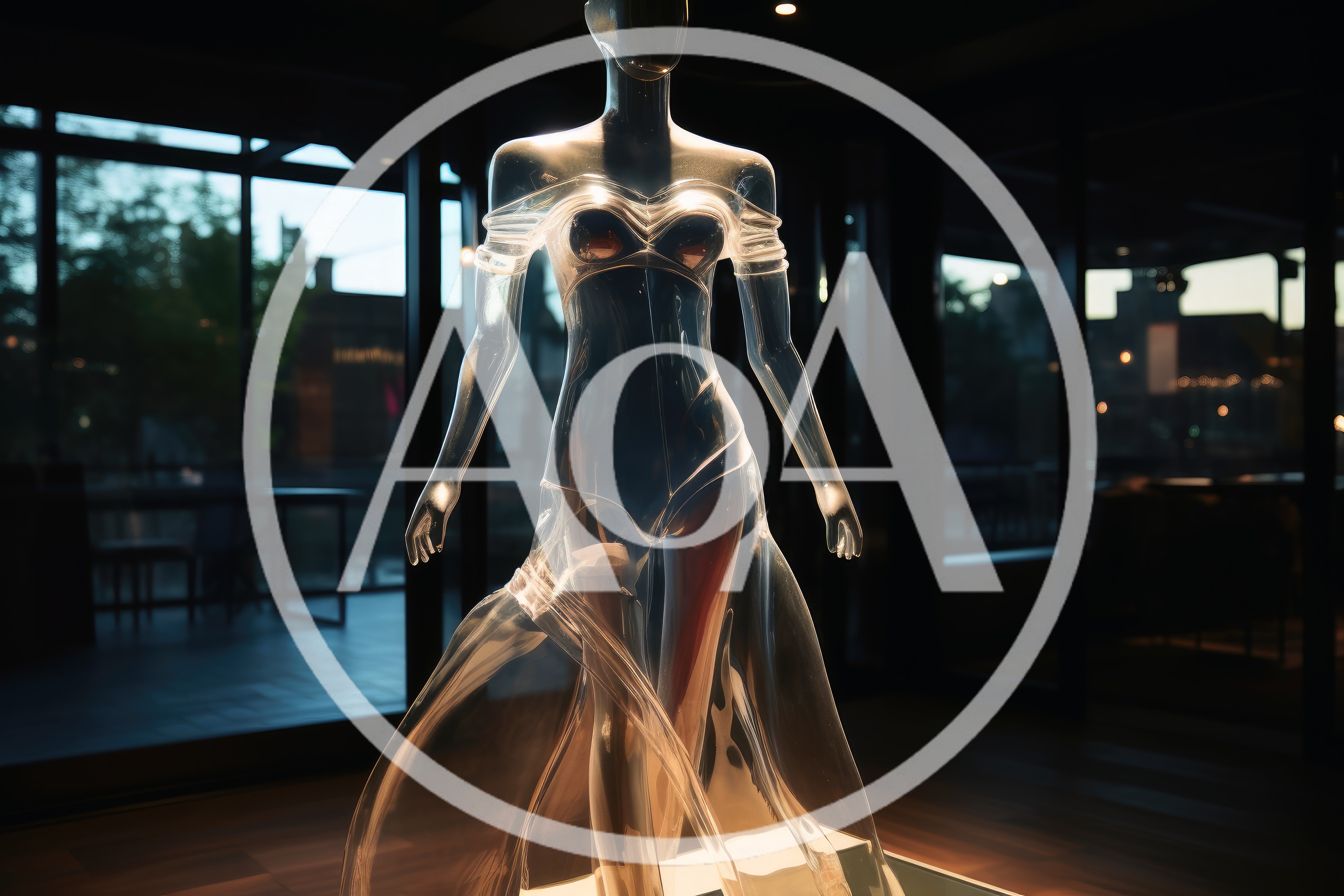 Transparent Glass Mannequin Displaying A Flowing Gown