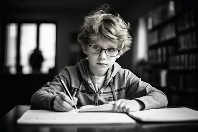 Young Boy Studying With Glasses In A Library