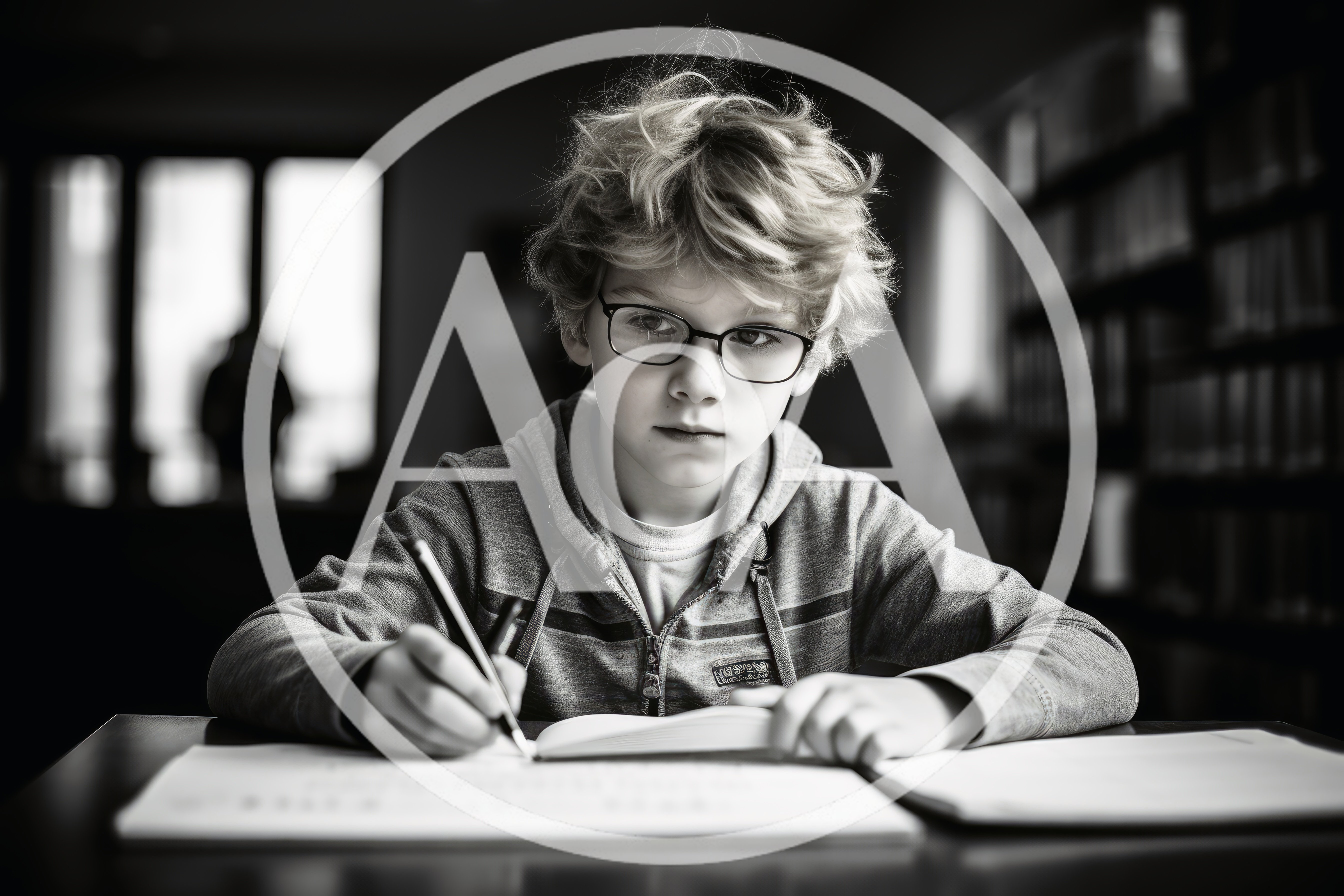 Young Boy Studying With Glasses In A Library