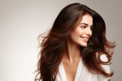 Portrait Of A Smiling Woman With Flowing Brown Hair