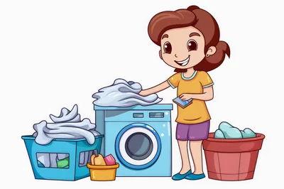 Cartoon Girl Doing Laundry With Washing Machine